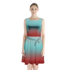 Frosted Blue And Red Sleeveless Waist Tie Chiffon Dress by digitaldivadesigns