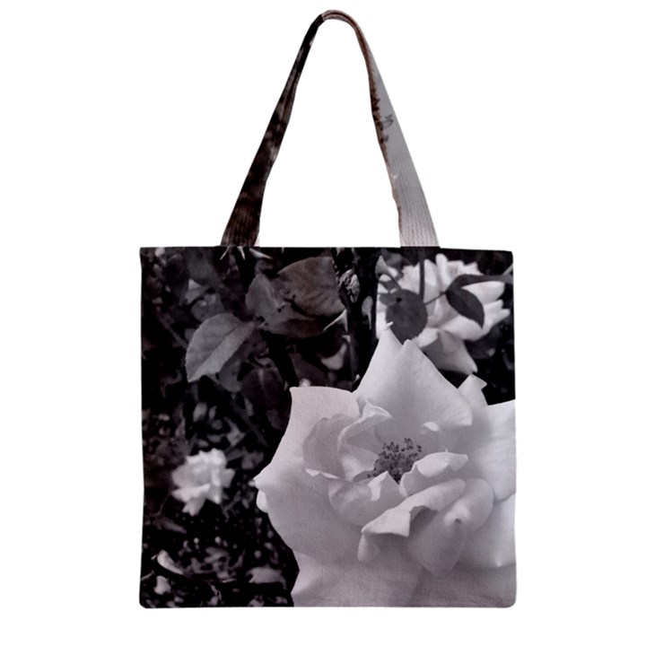 white rose black back ground greenery ! Zipper Grocery Tote Bag