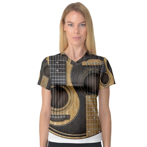 Old And Worn Acoustic Guitars Yin Yang V-neck Sport Mesh Tee by JeffBartels