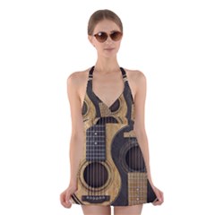 Old And Worn Acoustic Guitars Yin Yang Halter Swimsuit Dress by JeffBartels