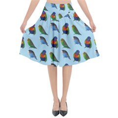 Blue Birds Parrot Pattern Flared Midi Skirt