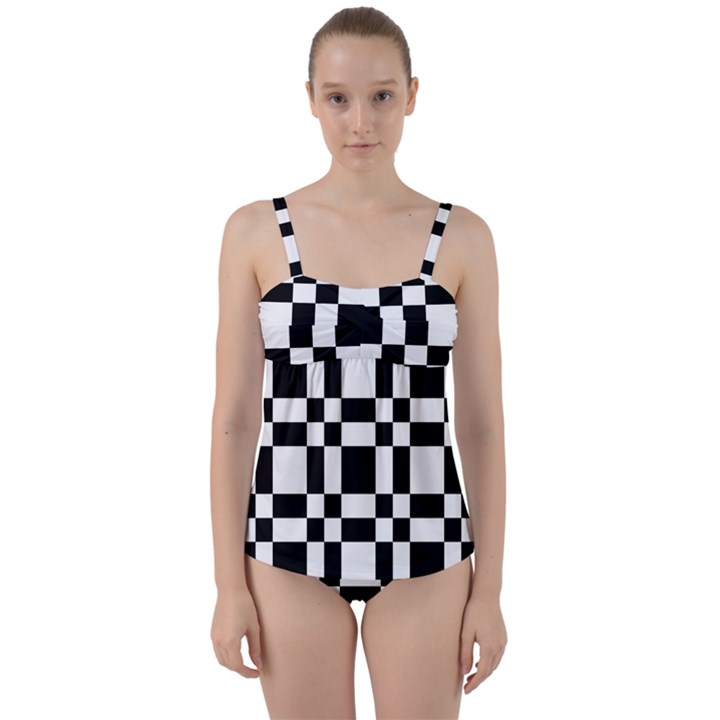 Checkerboard Black And White Twist Front Tankini Set