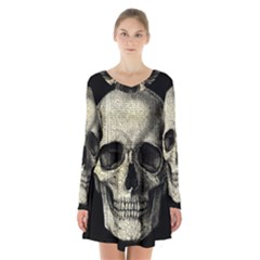 Newspaper Skull Long Sleeve Velvet V-neck Dress by Valentinaart