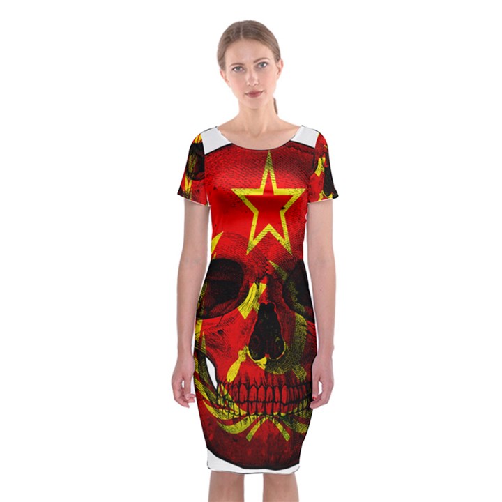 Russian flag skull Classic Short Sleeve Midi Dress