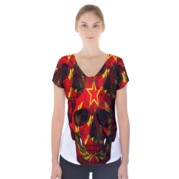 Russian flag skull Short Sleeve Front Detail Top