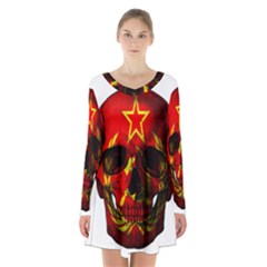 Russian Flag Skull Long Sleeve Velvet V-neck Dress by Valentinaart