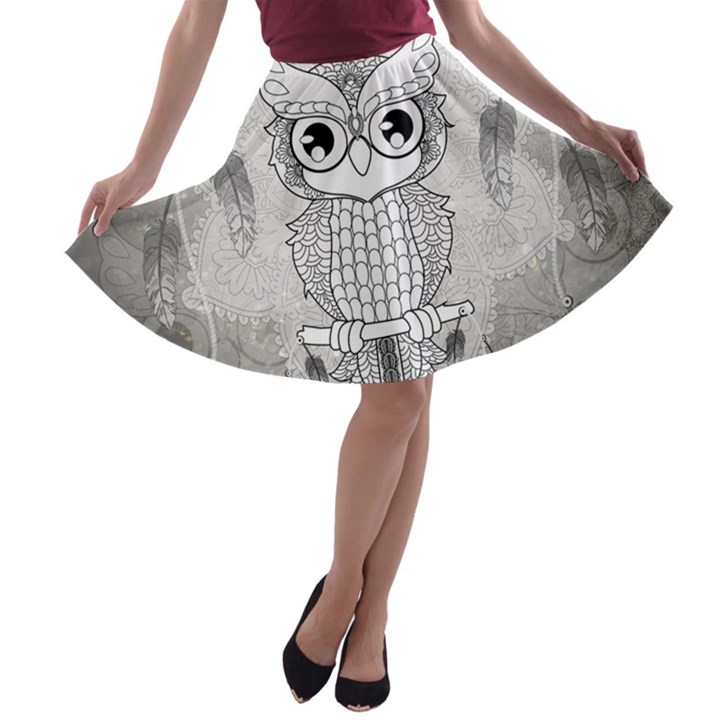 Wonderful Owl, Mandala Design A-line Skater Skirt