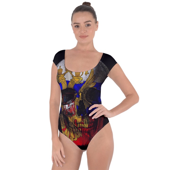 Russian flag skull Short Sleeve Leotard 