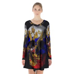 Russian Flag Skull Long Sleeve Velvet V-neck Dress by Valentinaart