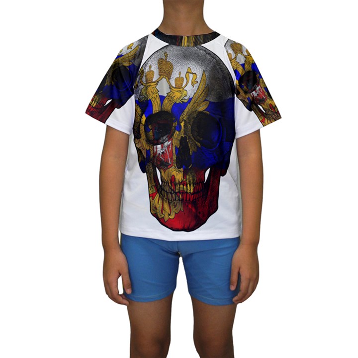 Russian flag skull Kids  Short Sleeve Swimwear