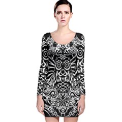 Tattoo Tribal Owl Long Sleeve Velvet Bodycon Dress by Valentinaart