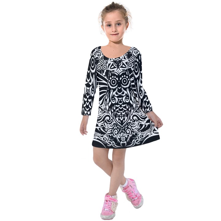 Tattoo tribal owl Kids  Long Sleeve Velvet Dress