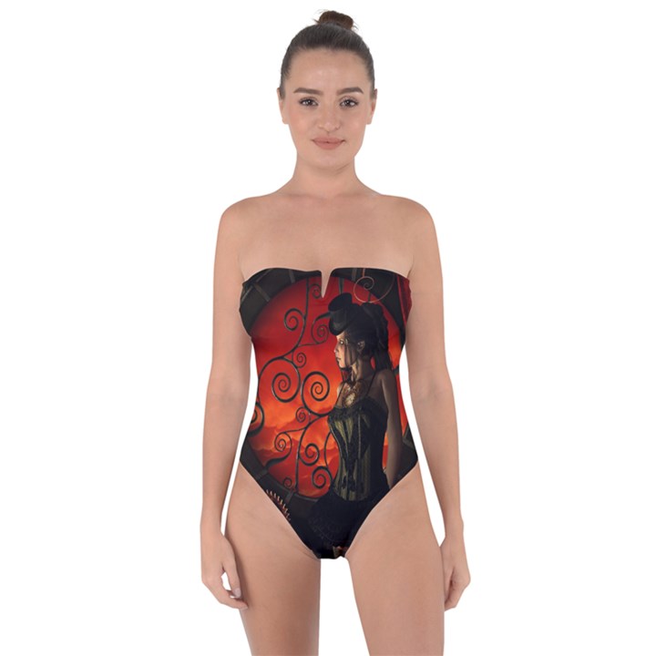 Steampunk, Wonderful Steampunk Lady In The Night Tie Back One Piece Swimsuit