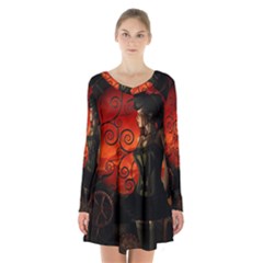 Steampunk, Wonderful Steampunk Lady In The Night Long Sleeve Velvet V-neck Dress