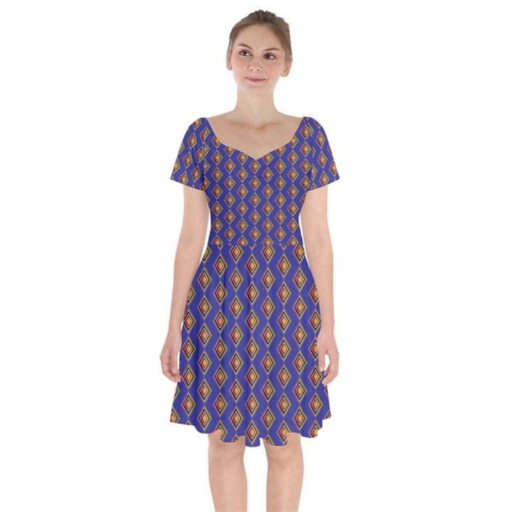 Blue Geometric Losangle Pattern Short Sleeve Bardot Dress