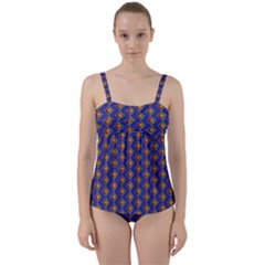 Blue Geometric Losangle Pattern Twist Front Tankini Set