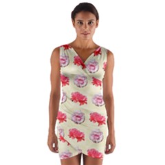 Yellow Floral Roses Pattern Wrap Front Bodycon Dress