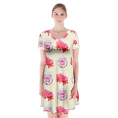 Yellow Floral Roses Pattern Short Sleeve V-neck Flare Dress by paulaoliveiradesign