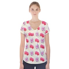 Yellow Floral Roses Pattern Short Sleeve Front Detail Top