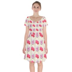 Yellow Floral Roses Pattern Short Sleeve Bardot Dress