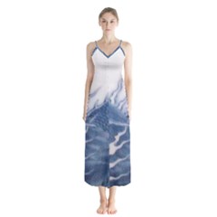 Blue Chinese Dragon Button Up Chiffon Maxi Dress