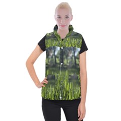 Green Grass Field Women s Button Up Puffer Vest