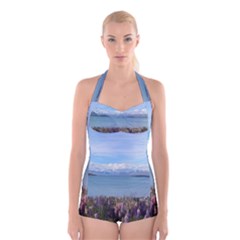 Lake Tekapo New Zealand Landscape Photography Boyleg Halter Swimsuit  by paulaoliveiradesign