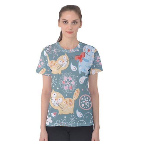 Cute Cat Background Pattern Women s Cotton Tee by BangZart