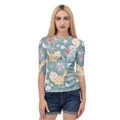 Cute Cat Background Pattern Quarter Sleeve Tee