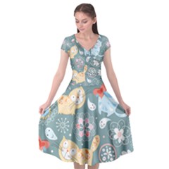 Cute Cat Background Pattern Cap Sleeve Wrap Front Dress