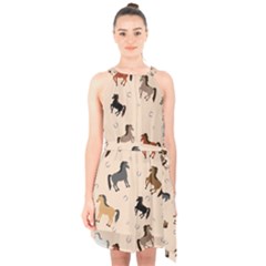 Horses For Courses Pattern Halter Collar Waist Tie Chiffon Dress