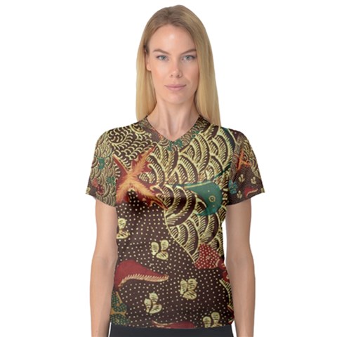 Art Traditional Flower  Batik Pattern V-neck Sport Mesh Tee by BangZart