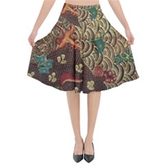 Art Traditional Flower  Batik Pattern Flared Midi Skirt