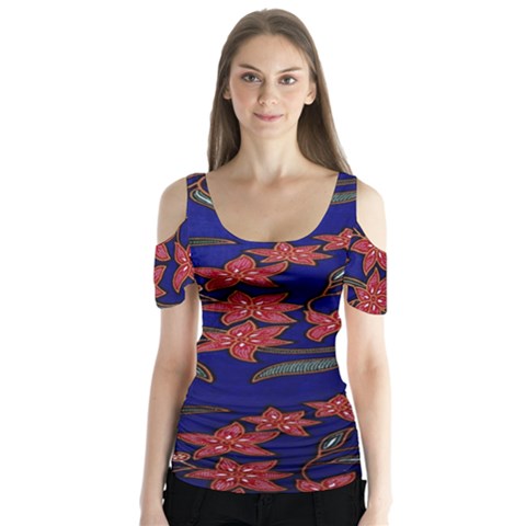 Batik  Fabric Butterfly Sleeve Cutout Tee  by BangZart