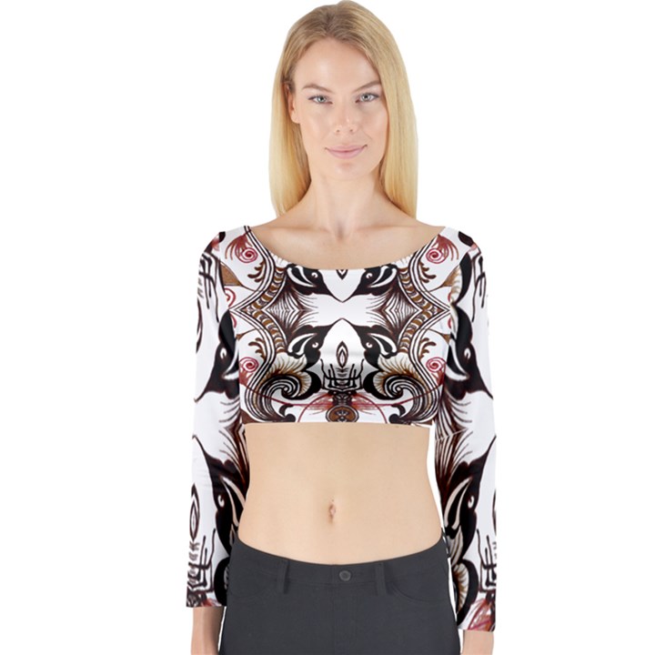 Art Traditional Batik Flower Pattern Long Sleeve Crop Top