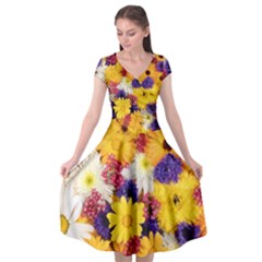 Colorful Flowers Pattern Cap Sleeve Wrap Front Dress