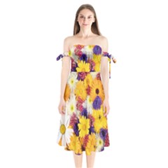 Colorful Flowers Pattern Shoulder Tie Bardot Midi Dress by BangZart