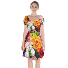 Colorful Flowers Short Sleeve Bardot Dress by BangZart