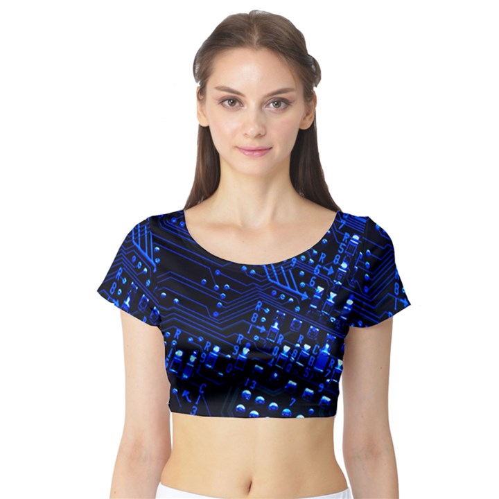 Blue Circuit Technology Image Short Sleeve Crop Top (Tight Fit)