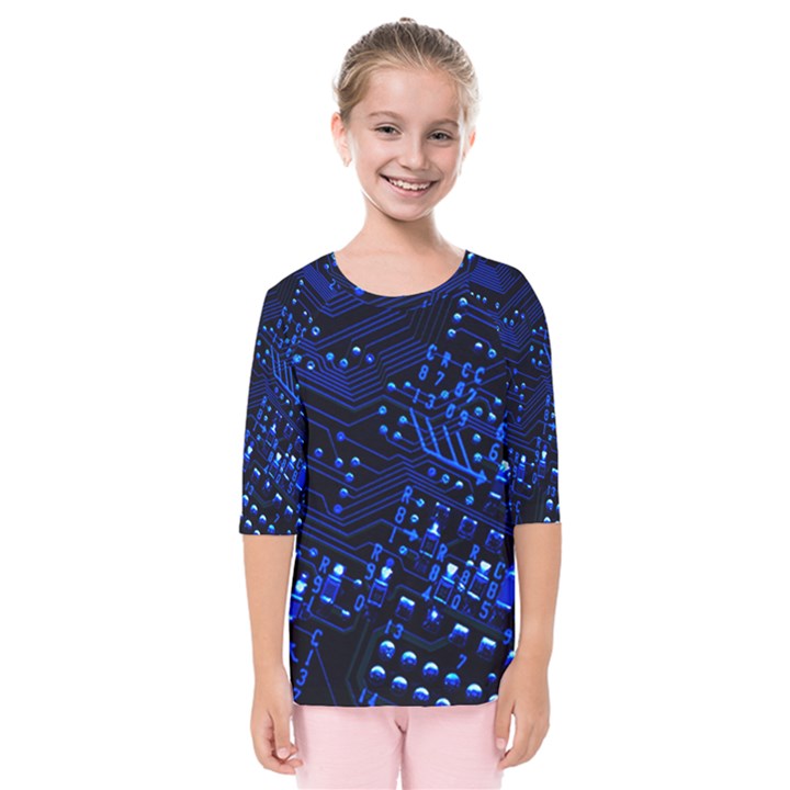 Blue Circuit Technology Image Kids  Quarter Sleeve Raglan Tee