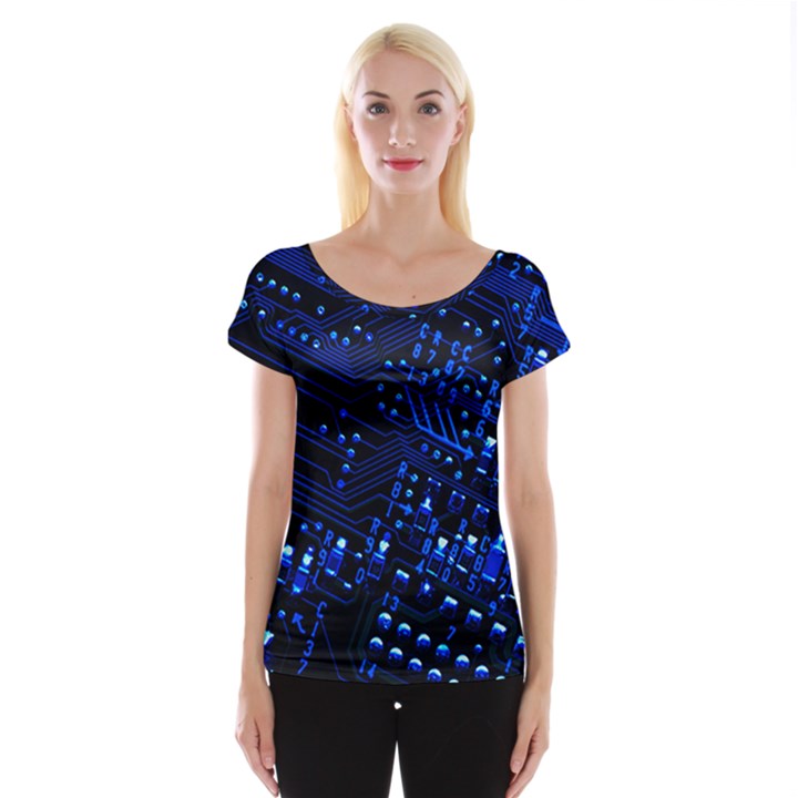 Blue Circuit Technology Image Cap Sleeve Tops