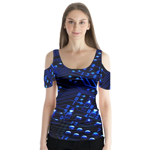 Blue Circuit Technology Image Butterfly Sleeve Cutout Tee  by BangZart