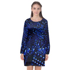 Blue Circuit Technology Image Long Sleeve Chiffon Shift Dress 