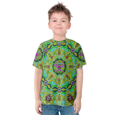 Golden Star Mandala In Fantasy Cartoon Style Kids  Cotton Tee by pepitasart