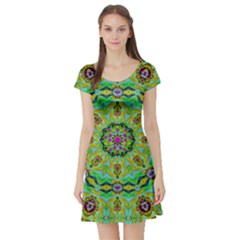 Golden Star Mandala In Fantasy Cartoon Style Short Sleeve Skater Dress by pepitasart