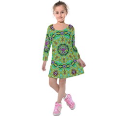 Golden Star Mandala In Fantasy Cartoon Style Kids  Long Sleeve Velvet Dress by pepitasart