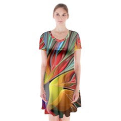 Fractal Bird Of Paradise Short Sleeve V-neck Flare Dress by WolfepawFractals