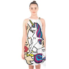 I Love Unicorn  Halter Collar Waist Tie Chiffon Dress