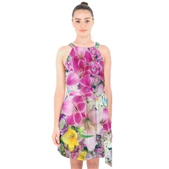 Colorful Flowers Patterns Halter Collar Waist Tie Chiffon Dress