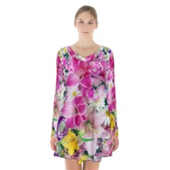 Colorful Flowers Patterns Long Sleeve Velvet V-neck Dress by BangZart